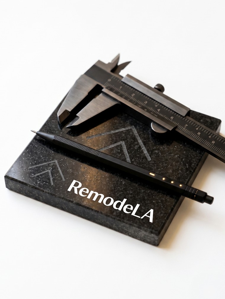 A caliper and a pencil resting on an engraved RemodeLA Builders stone block