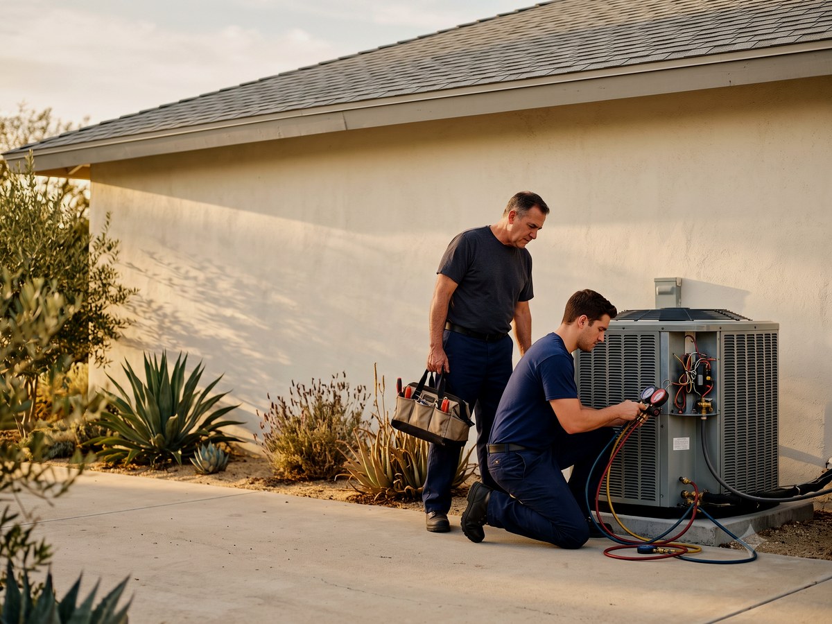 RemodeLA Builders technicians installing a high-efficiency heat pump on a Los Angeles home